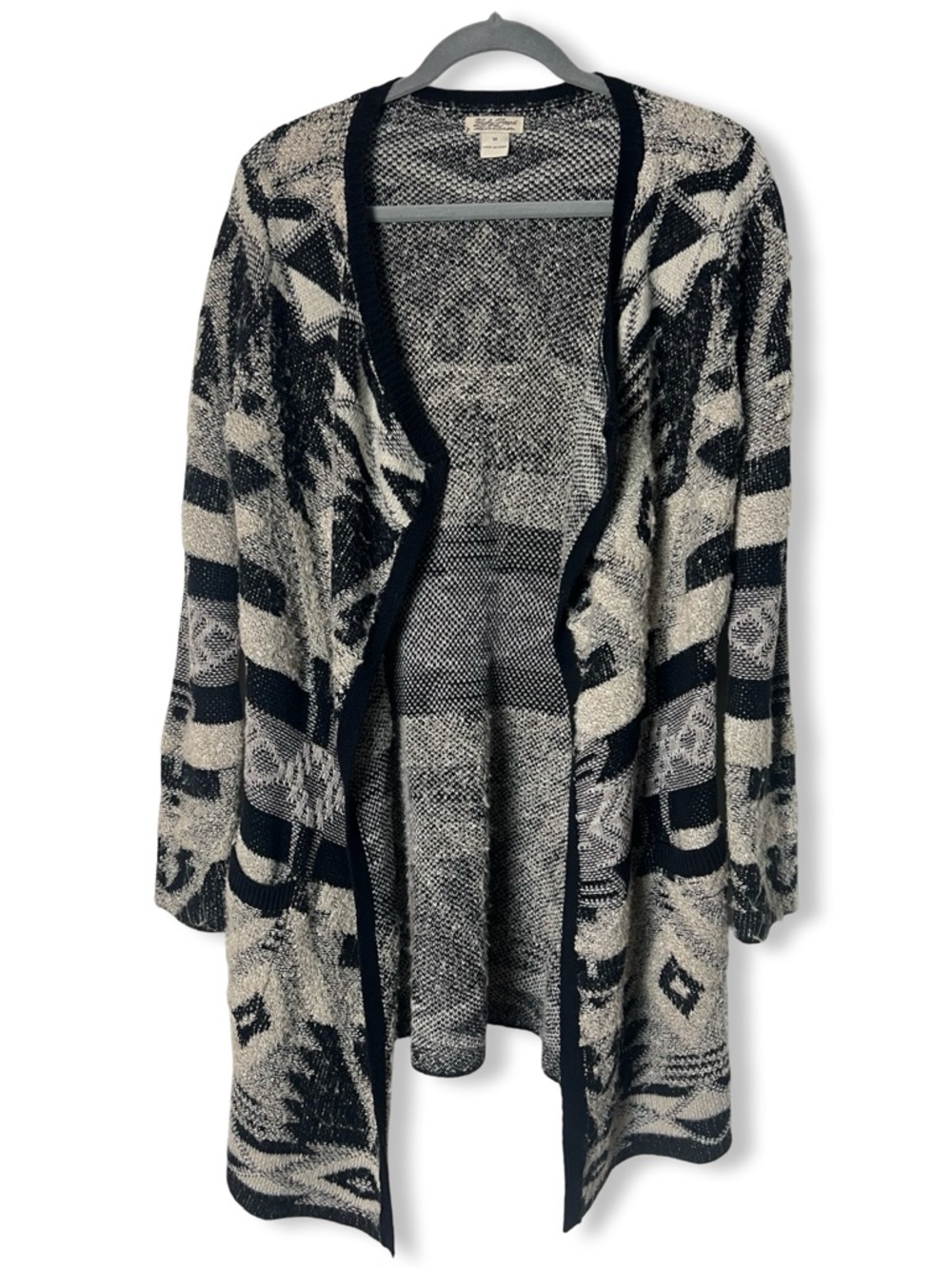 Lucky Brand Aztec Southwestern Long Cardigan Open Front Black‎ Cream M